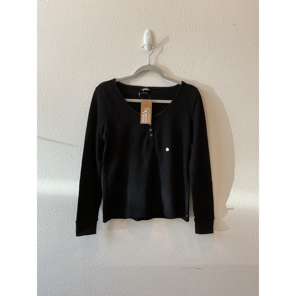NWT Eddie Bauer Womens Black Sz L Henley Shirt WR Infinity Thermal Black New $50